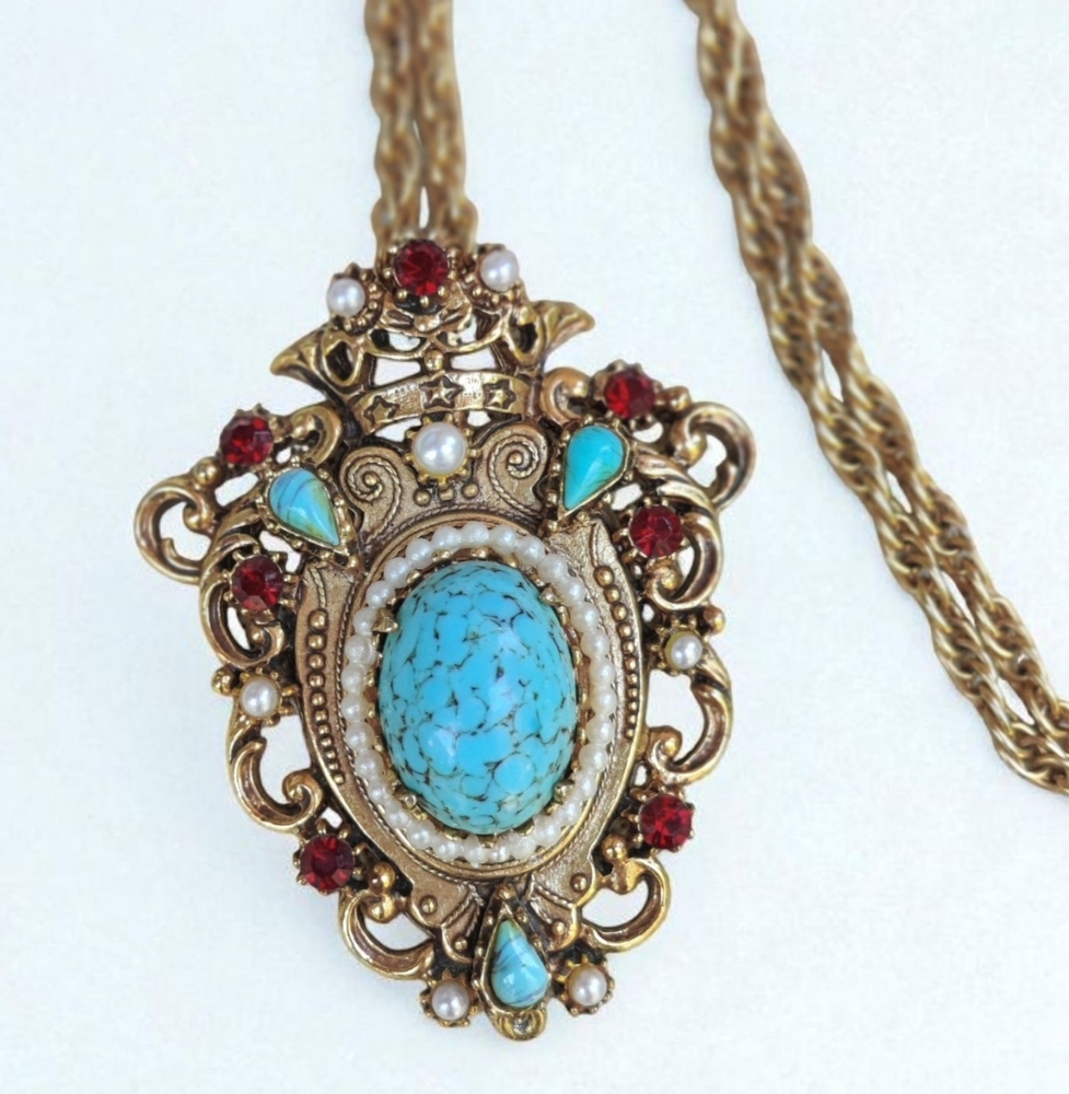 Vintage Florenza Turquoise Peking Glass & Garnet Pendant Necklace